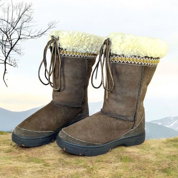 UGG Australia Womens 6 Ultimate Cuff Tie Brown Suede Shearling Lined Boots #5273 - Picture 1 of 16